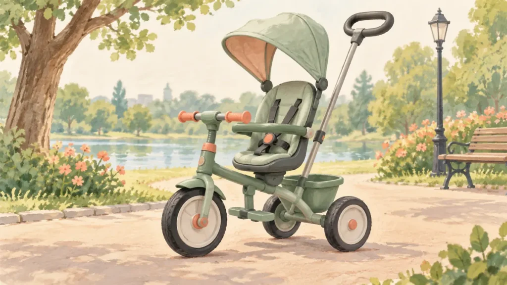 Ilustración de un triciclo verde con capota y barra de empuje en un parque