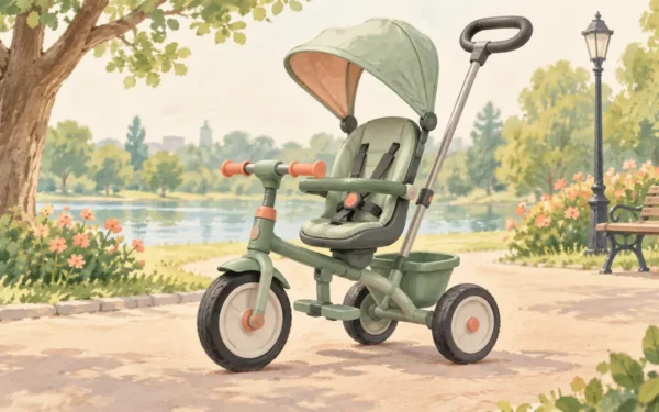 Ilustración de un triciclo verde con capota y barra de empuje en un parque